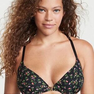 Victoria’s Secret very sexy uplift plunge lace racer back floral black bra 32D